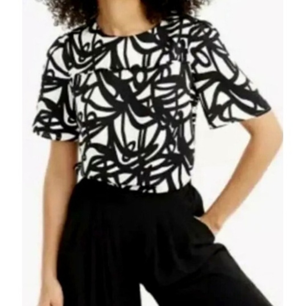 J.Crew 365 Womens Black White Abstract‎ Swirl Short Sleeve Blouse Top Size 10